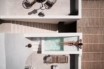 Aerial outdoor shot Istoria hotel Santorini