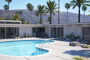 View of swimming pool and modern home exterior. 3d rendering