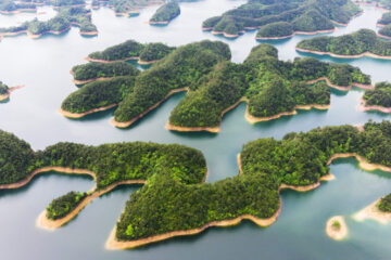 Aerial View of Thousand island lake. Bird view of Freshwater Qiandaohu. Sunken Valley in Chunan Country, Hangzhou, Zhejiang Province, China Mainland.