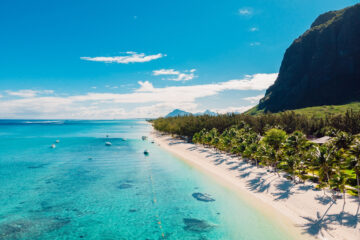 Luxury beach with mountain in Mauritius.
