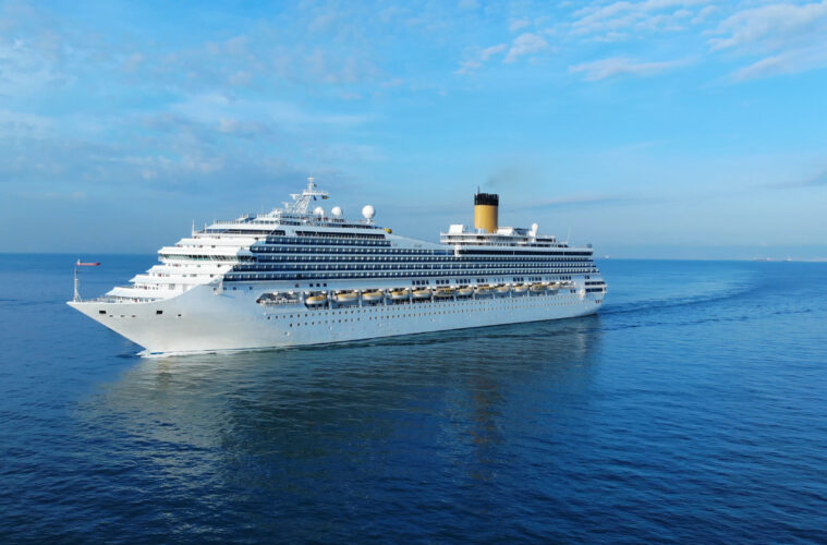 Aerial view of white cruise ship