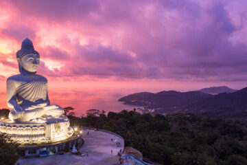 Aerial view Big Buddha at twilight, Big Buddha landmark of Phuket, Phukei Island, Thailand.