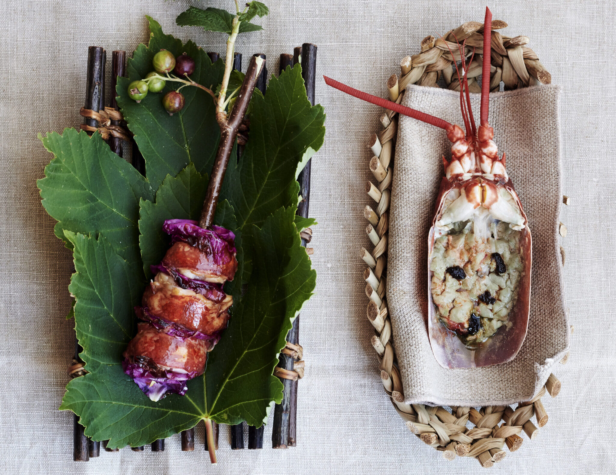 Noma - A skewer of grilled Danish black lobster with roses